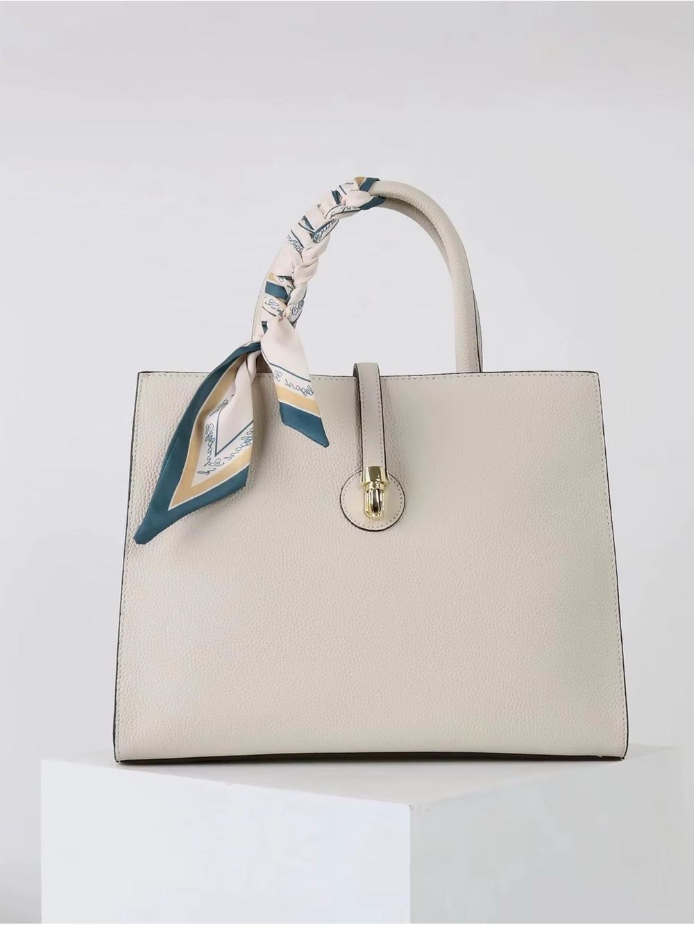 Elegant Cream Togo Leather Tote Bag with Scarf Accent